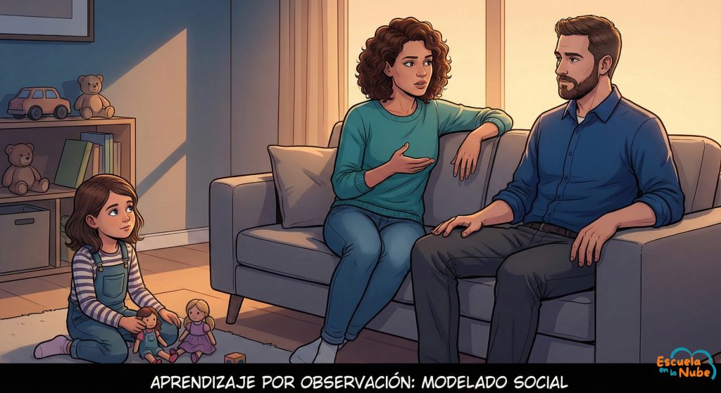 aprendizaje por modelado Padres resolviendo un conflicto de forma calmada mientras su hija observa y aprende por modelado