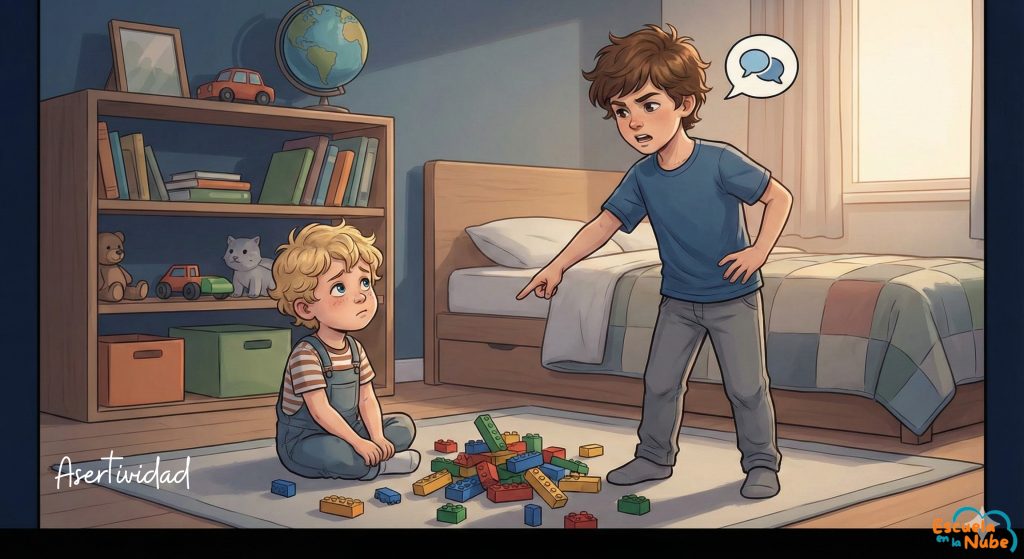 asertividad Niño expresando sus límites de forma asertiva ante su hermano pequeño sin agredir