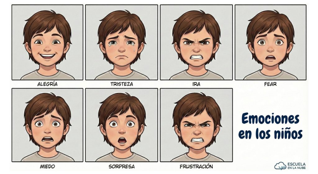 emociones en los niños Guía visual de 6 emociones básicas: alegría, tristeza, enfado, miedo, sorpresa y frustración en niños