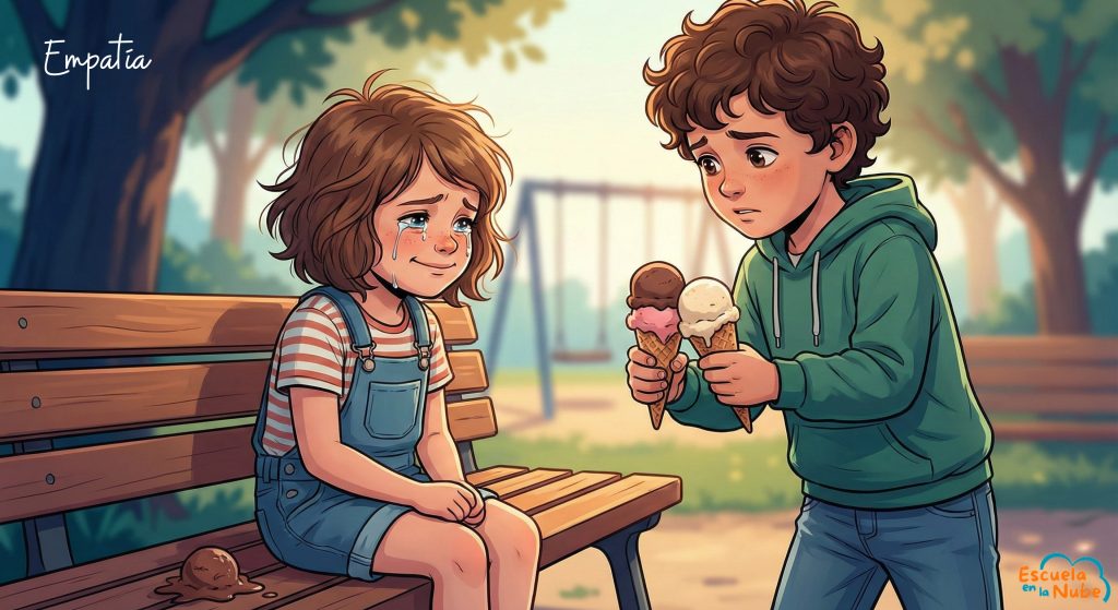 empatia Niño compartiendo su helado con una amiga que llora, ejemplo de empatía infantil