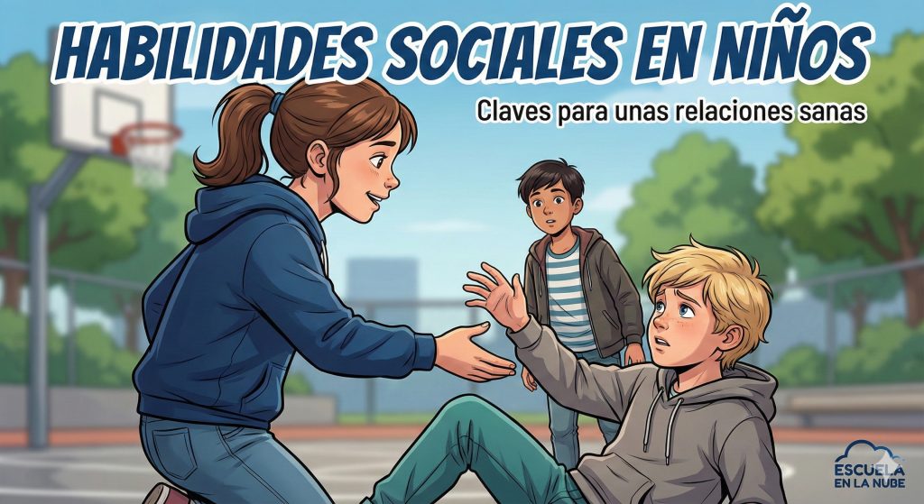 Niña ayudando a un compañero caído en el patio del colegio, mostrando empatía y habilidades sociales