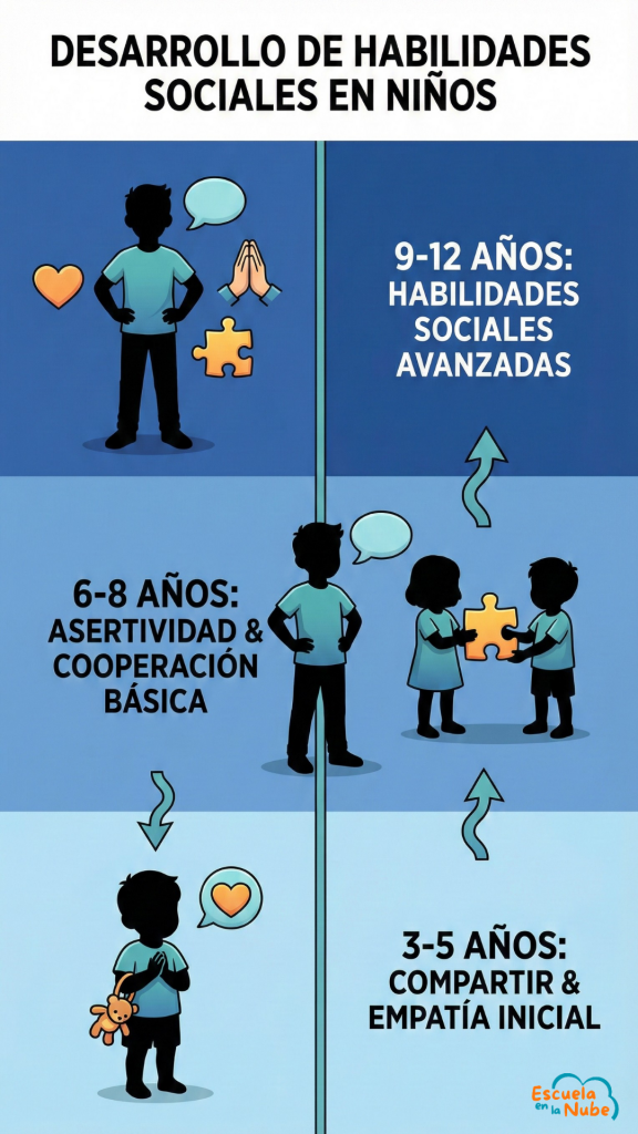 infografia desarrollo habilidades sociales Línea de tiempo visual: desarrollo de habilidades sociales de los 3 a los 12 años