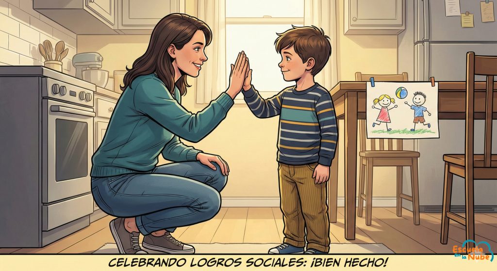 logros habilidades sociales Madre celebrando con su hijo un logro social mediante refuerzo positivo