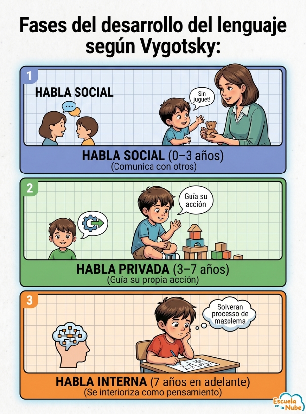 fase lenguaje Vygotsky Fases del desarrollo del lenguaje según Vygotsky: