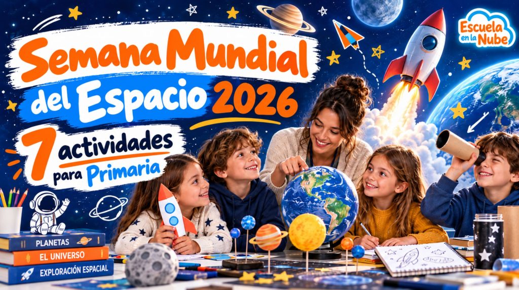 Niños y docente realizando actividades sobre la Semana Mundial del Espacio 2026 en el aula con cohetes, planeta Tierra y materiales educativos